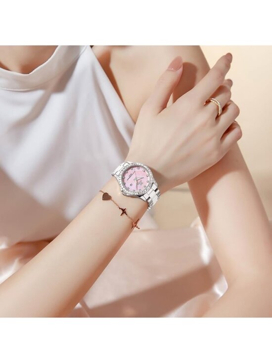 Women\'s Silver band /Pink dial Diamond Fashion Elegant Chronograph Wrist Watch